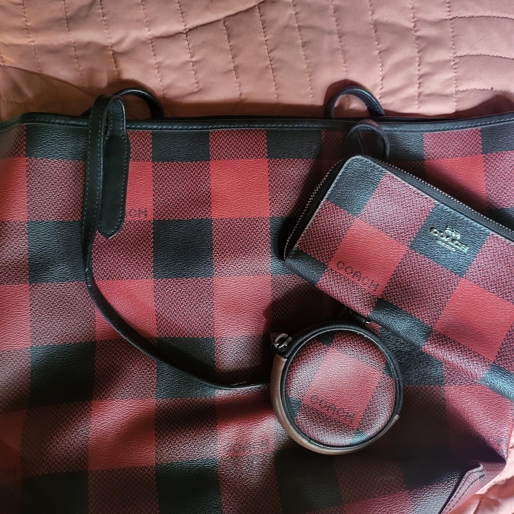 Coach Red and Black Plaid Women's Bag Set